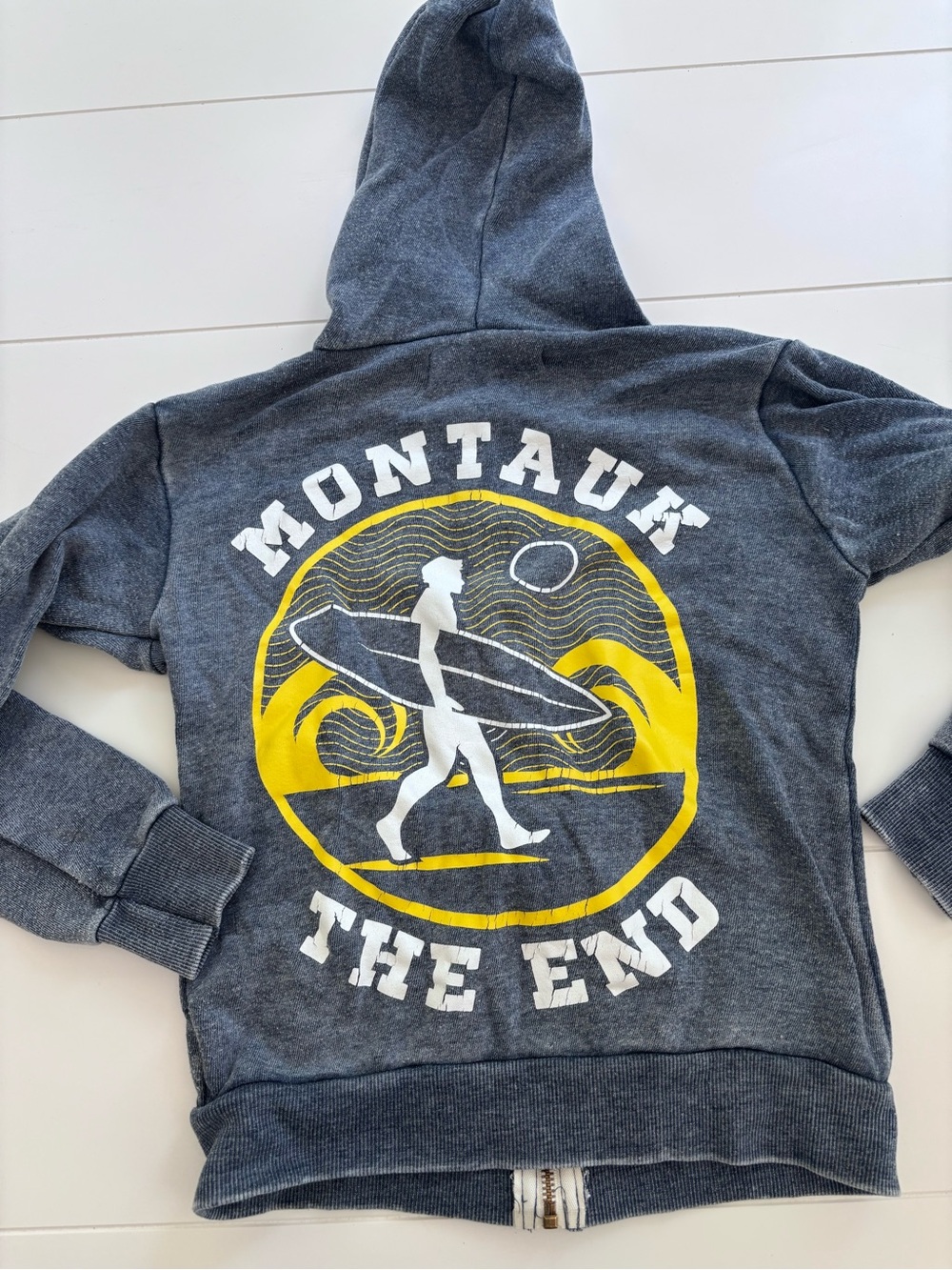 Montauk 'The End' Kids zip up Hoodie - Charcoal with Yellow Graphic